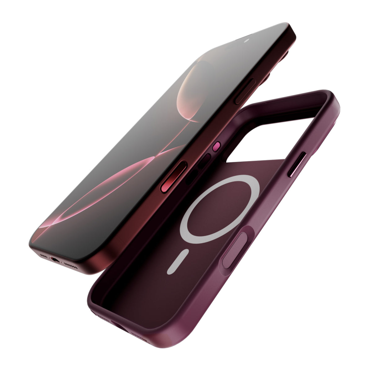 Two-tone Blend Mag case for iPhone 18 Pro/17 Pro, compatible with MagSafe, with a soft-touch finish and metallic-effect buttons