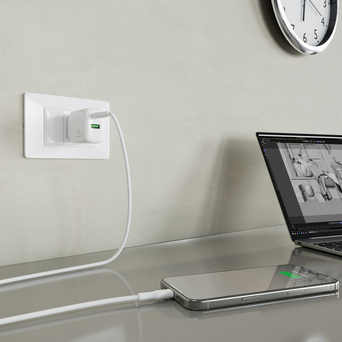 Kit charge 25W USB‑A/USB‑C + câble USB‑C