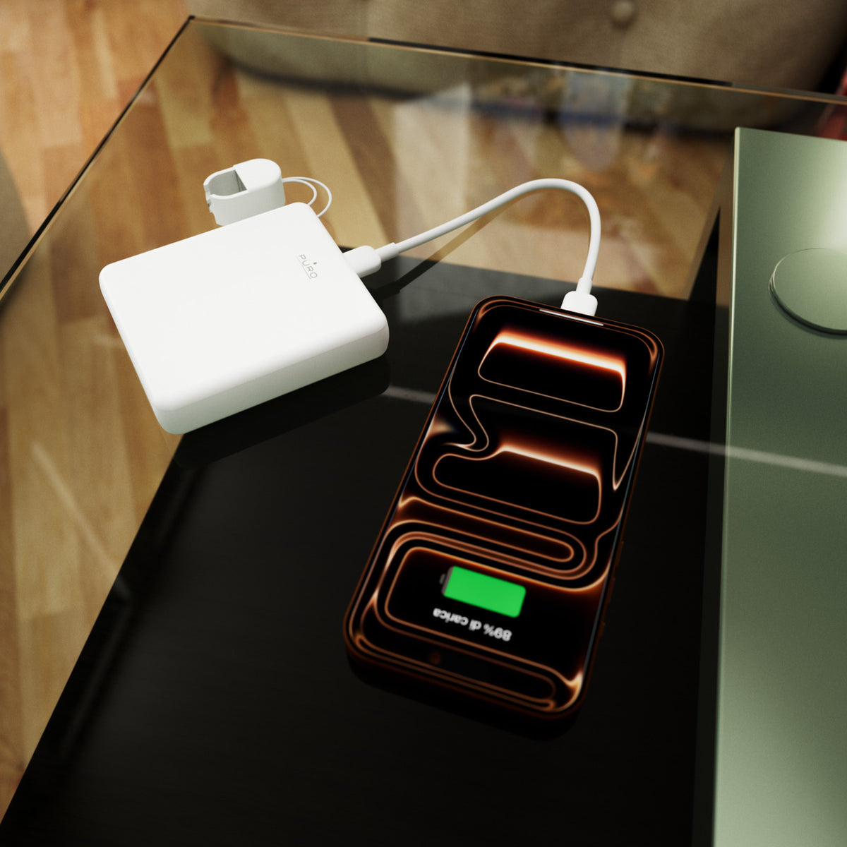 “Power Cube 5” 5,000mAh power bank with USB-C port and removable cable