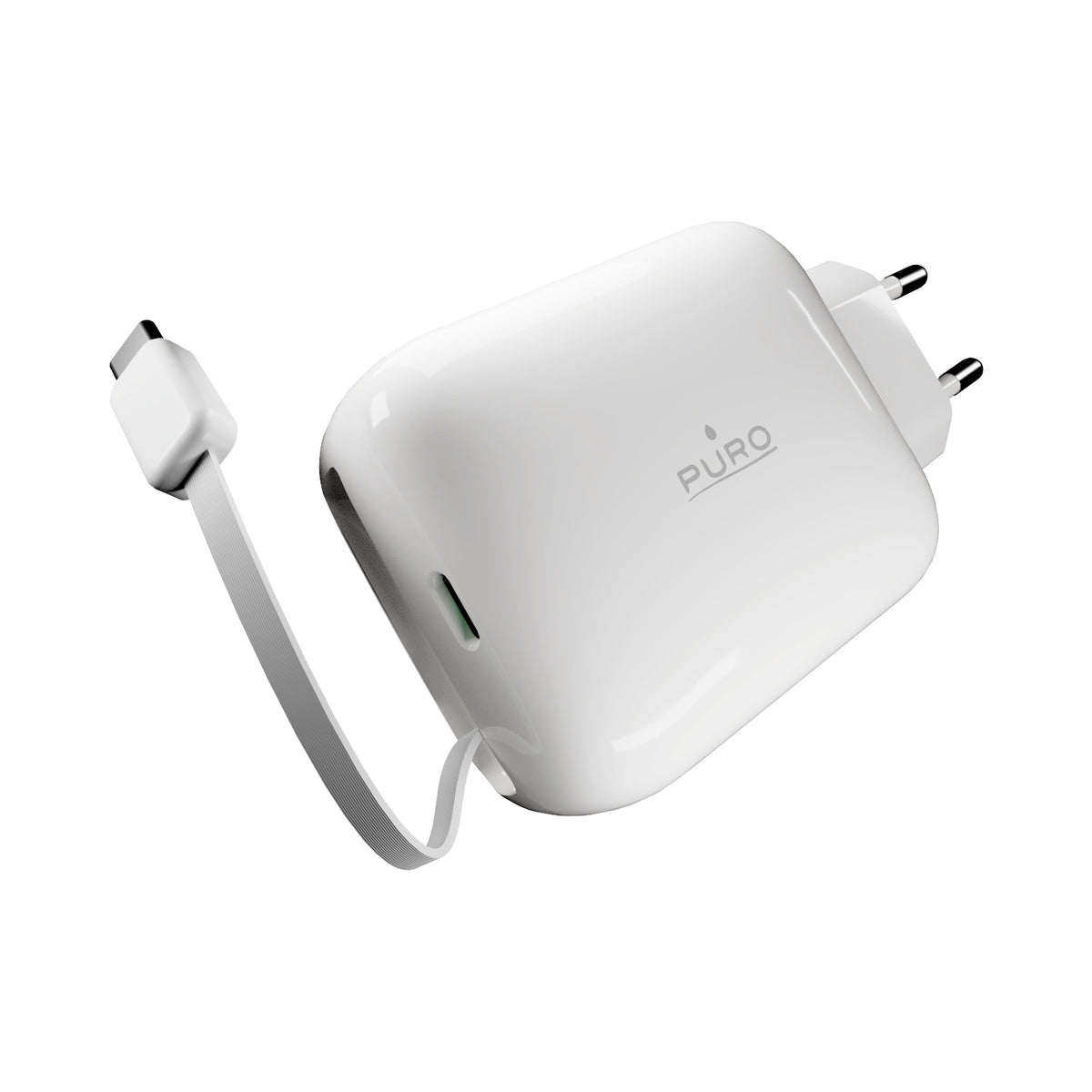 65 W MiniPro GaN wall charger with retractable USB-C cable for smartphones, tablets, laptops