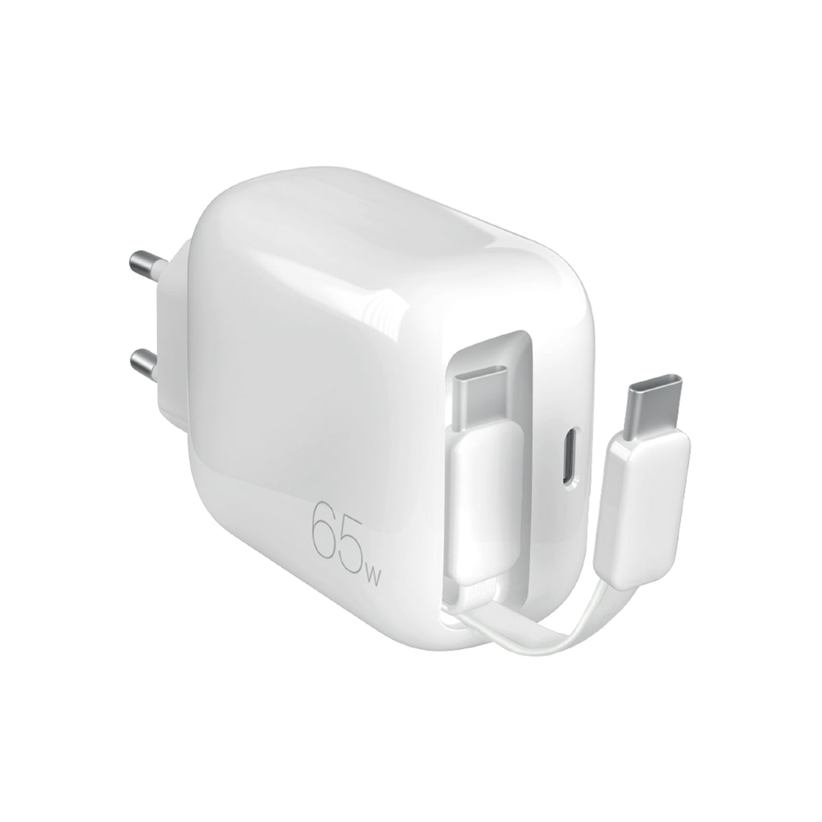 65 W MiniPro GaN wall charger with retractable USB-C cable for smartphones, tablets, laptops