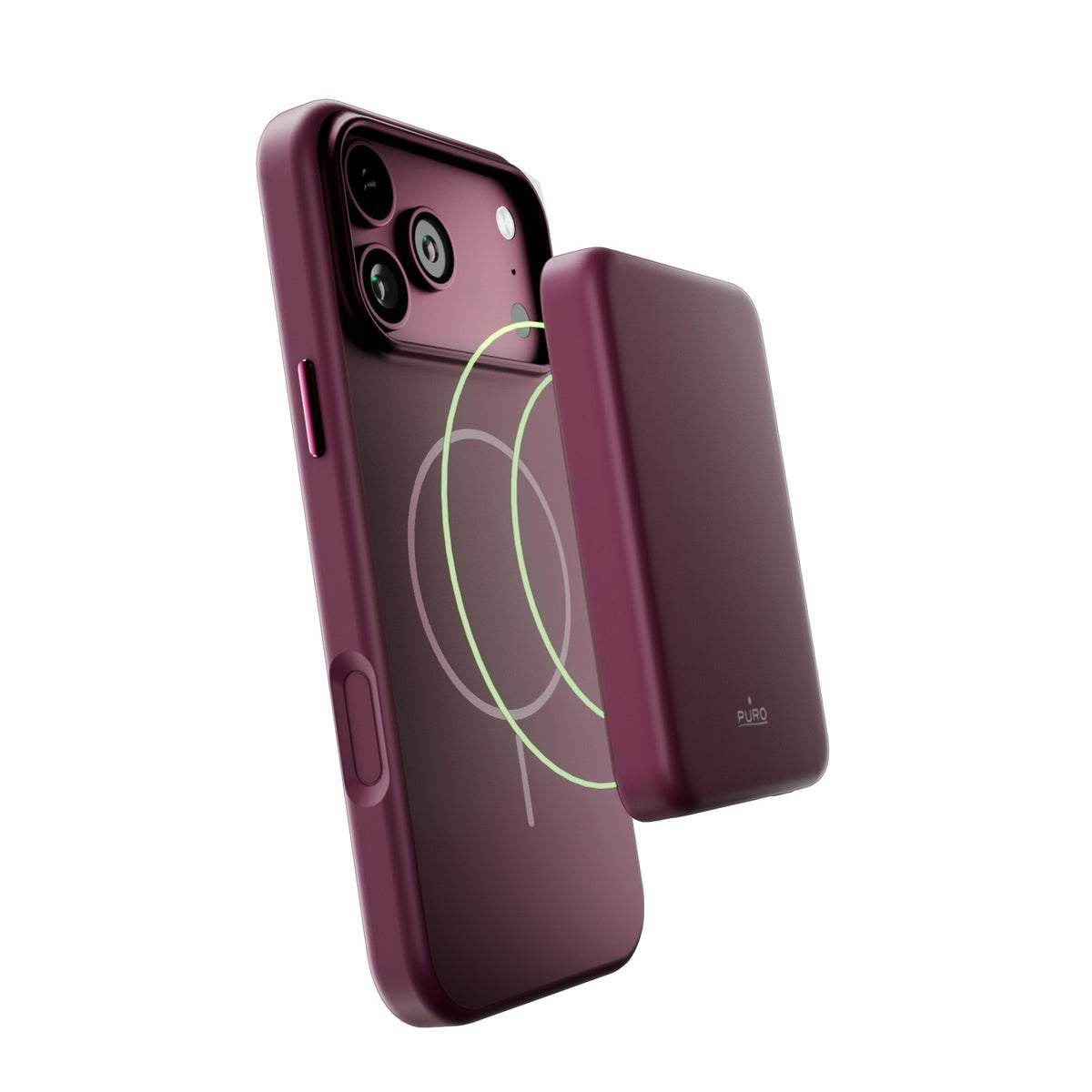 Two-tone Blend Mag case for iPhone 18 Pro/17 Pro, compatible with MagSafe, with a soft-touch finish and metallic-effect buttons