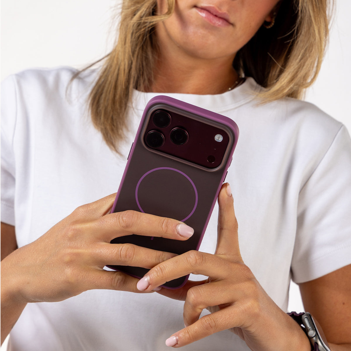 Two-tone Blend Mag case for iPhone 18 Pro/17 Pro, compatible with MagSafe, with a soft-touch finish and metallic-effect buttons
