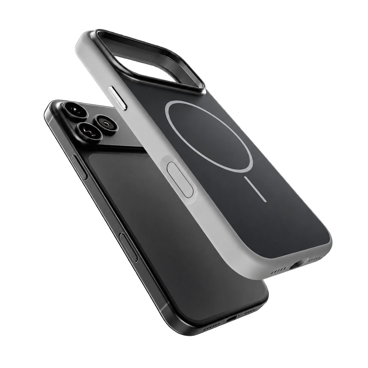 Two-tone Blend Mag case for iPhone 18 Pro/17 Pro, compatible with MagSafe, with a soft-touch finish and metallic-effect buttons