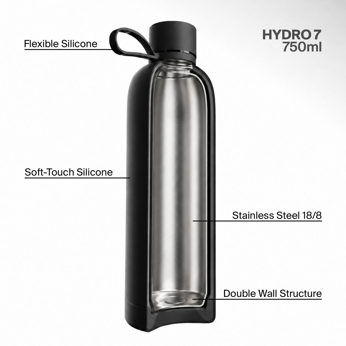 “Hydro 7” airtight, insulated water bottle, 750ml, stainless steel, soft-touch finish